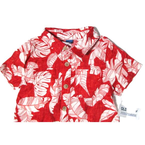 Old Navy Infant Boy Linen Blend Shirt Size 6–12M Red with White Tropical Leaves - Picture 2 of 5